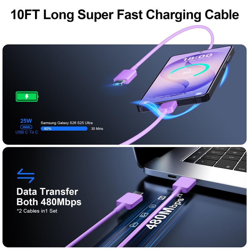 Vilive Super Fast Charger Type C, 25W USB C Wall Charger Fast Charging for Samsung Galaxy S26 Ultra/S26/S26+/S25 Ultra/S25/24 Ultra/S24/S23 Ultra/S22 Ultra with 10FT Long Android Type C Charger Cable 2Pack - Image 5