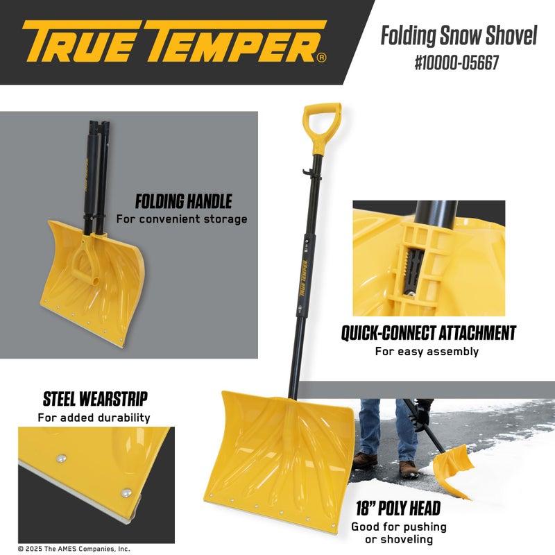 True Temper 18" Poly Folding Snow Shovel, Convenient Storage, Collapsible, Compact for Cars or Camping - Image 4