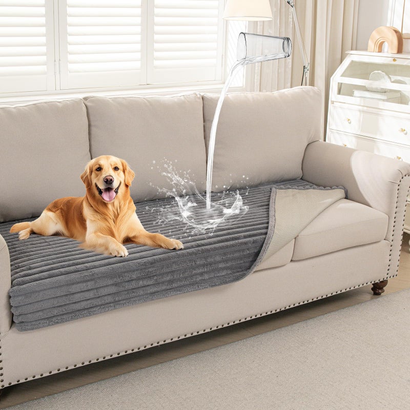 DEEPDREAM Deep Dream Waterproof Couch Cover for Dogs, Fuzzy Sofa Covers for Pet, Non-Slip Couch Covers for 3 Cushion Couch Sofa Pet Friendly (Grey, 35" x 74") - Image 1