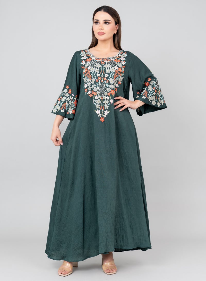 IKKXA Floral Majesty Embroidered Jalabiya IK3006 Green - Image 1
