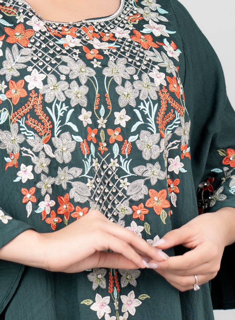 IKKXA Floral Majesty Embroidered Jalabiya IK3006 Green - Image 2