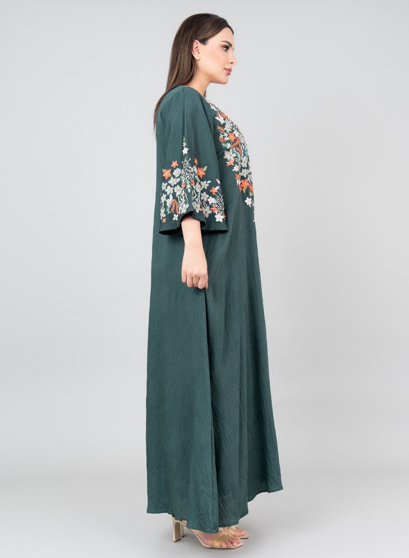 IKKXA Floral Majesty Embroidered Jalabiya IK3006 Green - Image 3