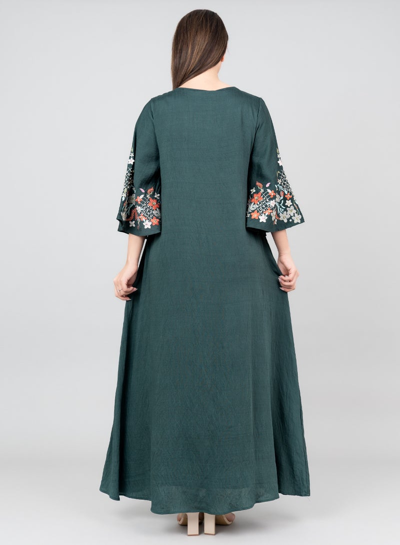 IKKXA Floral Majesty Embroidered Jalabiya IK3006 Green - Image 4