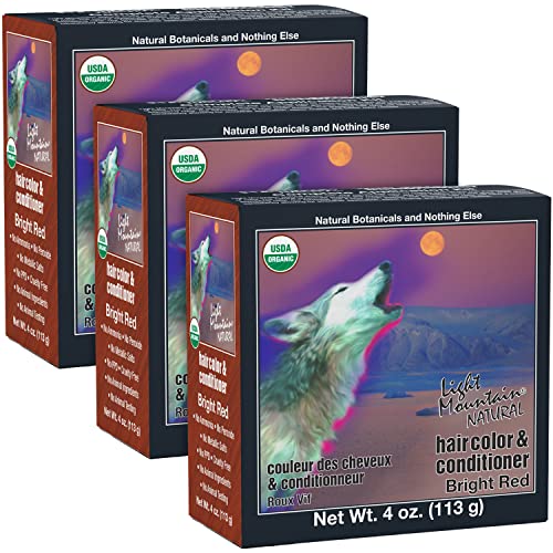 لون شعر الحناء من لايت ماونتن - بلسم لون الشعر - صبغة شعر حمراء زاهية للرجال والنساء - مسحوق أوراق الحناء العضوي والنباتات - خالية من المواد الكيميائية - لون شعر شبه دائم - 4 أونصات - عبوة من 3