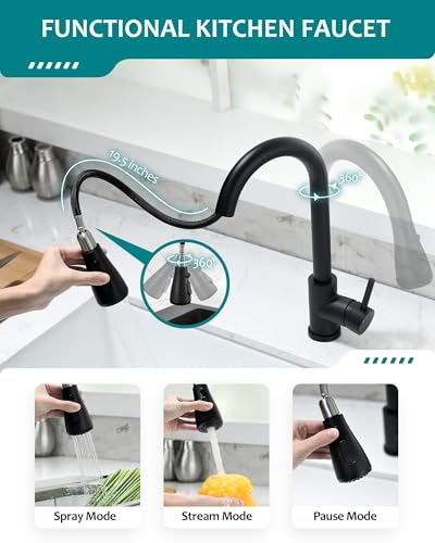 VFAUOSIT Black Kitchen Faucet with Pull Down Sprayer for RV Sink, VFAUOSIT Kitchen Sink Faucet Stainless Steel Laundry Single Handle Pull Out Kitchen Faucets Matte Black, Grifo para Fregaderos de Cocina - Image 2