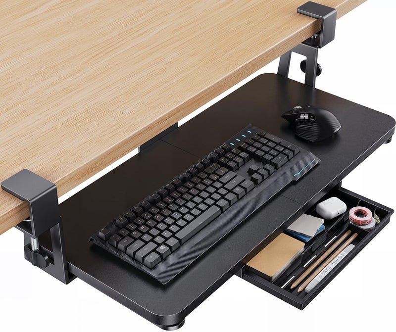 HUANUO Large Under Desk Keyboard Tray with Sturdy C-Clamp Mount, 26 (30.16" Including Clamps) x 12 inch Slide-Out Platform Computer Desk Heavy Duty Keyboard Tray with Storage Drawer for Typing, Black - Image 1