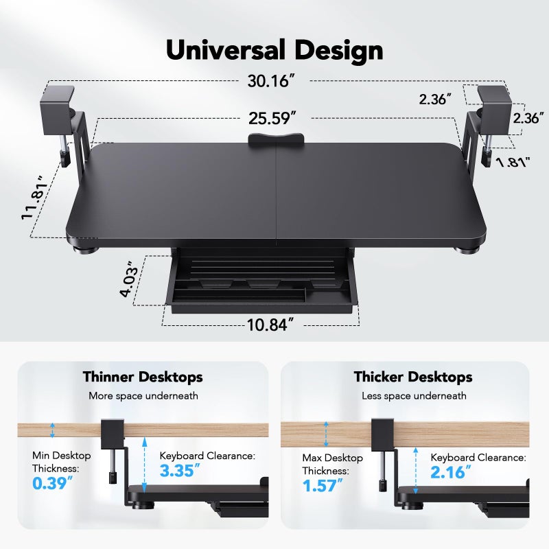 HUANUO Large Under Desk Keyboard Tray with Sturdy C-Clamp Mount, 26 (30.16" Including Clamps) x 12 inch Slide-Out Platform Computer Desk Heavy Duty Keyboard Tray with Storage Drawer for Typing, Black - Image 3