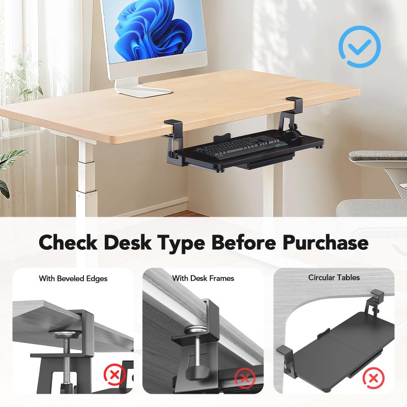 HUANUO Large Under Desk Keyboard Tray with Sturdy C-Clamp Mount, 26 (30.16" Including Clamps) x 12 inch Slide-Out Platform Computer Desk Heavy Duty Keyboard Tray with Storage Drawer for Typing, Black - Image 4