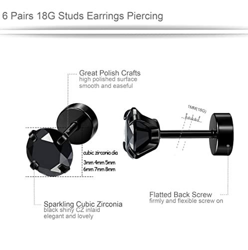 ORAZIO 6Pairs Hypoallergenic Flat Back Earrings 316L Stainless Steel Studs for Sensitive Ears, 3-8mm Cubic Zirconia, Stylish Jewelry for Women Men - Silver - Image 2