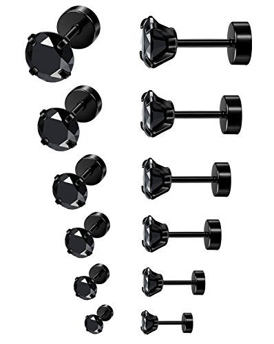 ORAZIO 6Pairs Hypoallergenic Flat Back Earrings 316L Stainless Steel Studs for Sensitive Ears, 3-8mm Cubic Zirconia, Stylish Jewelry for Women Men - Silver - Image 1