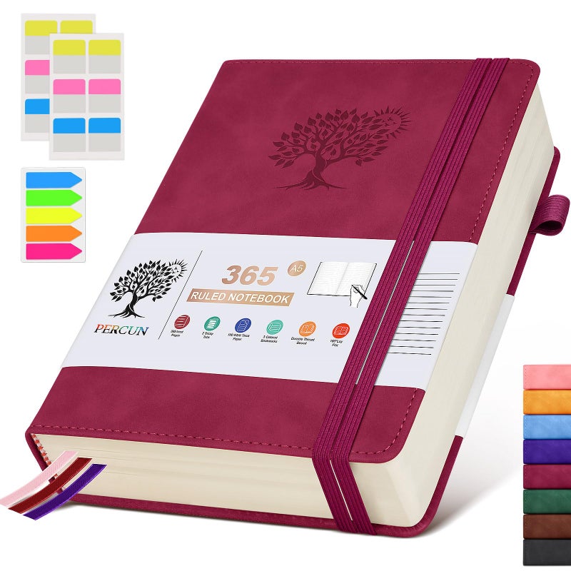 PERCUN A5 Lined Journal Notebook - 365 Page Leather Journals for Writing Women & Menï¼ŒHardcover Notebook with 100Gsm Thick Pagesï¼ŒDaily Diary for Travel, Workï¼ŒSchoolï¼ŒNote Takingï¼ŒCollege Ruled (5.9" x 8.5") - Image 1
