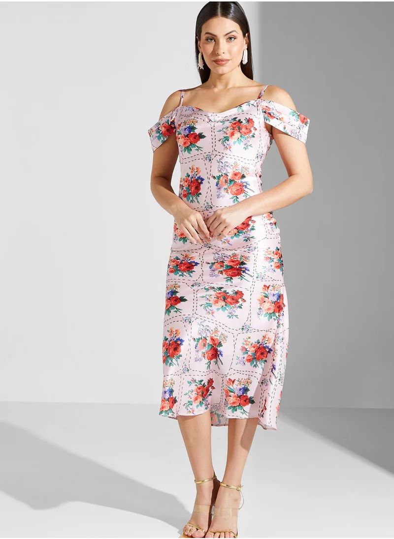 Hope & Ivy Cowl Neck Cold Shoulder Floral Dress