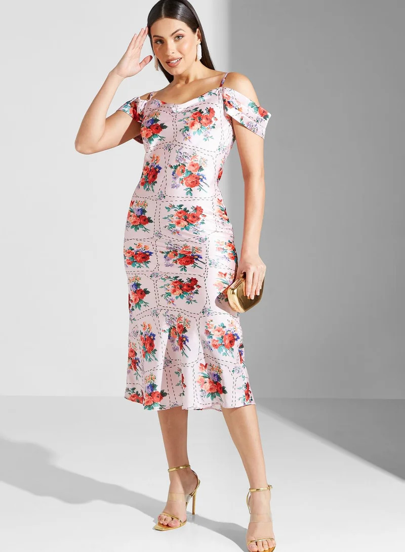 Hope & Ivy Cowl Neck Cold Shoulder Floral Dress