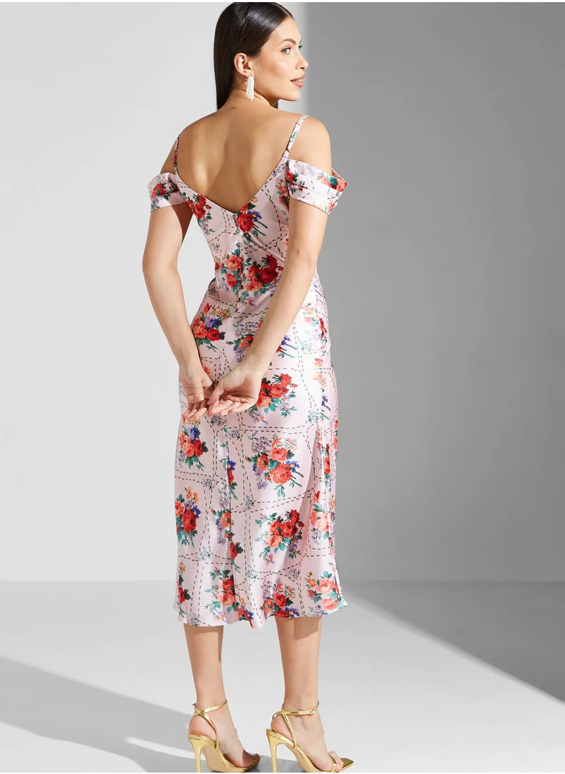 Hope & Ivy Cowl Neck Cold Shoulder Floral Dress