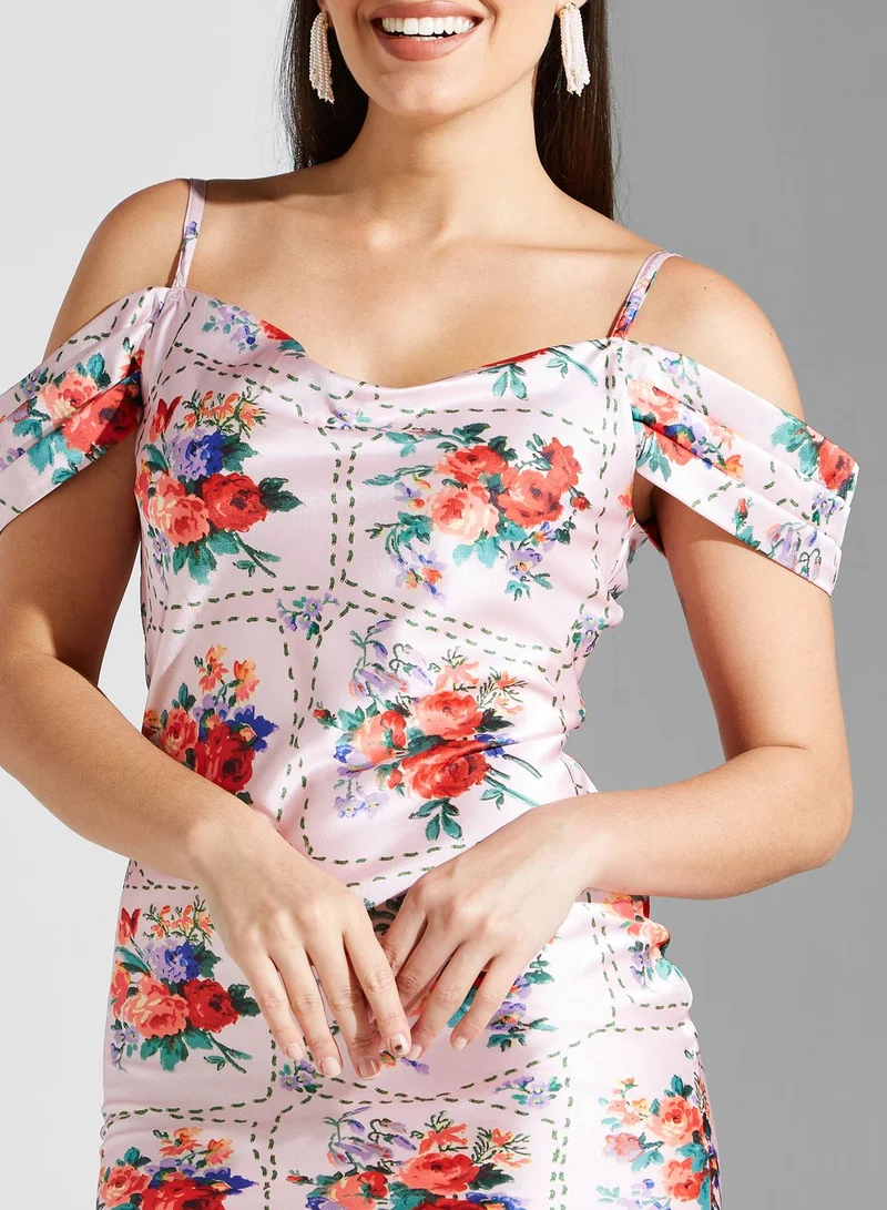Hope & Ivy Cowl Neck Cold Shoulder Floral Dress