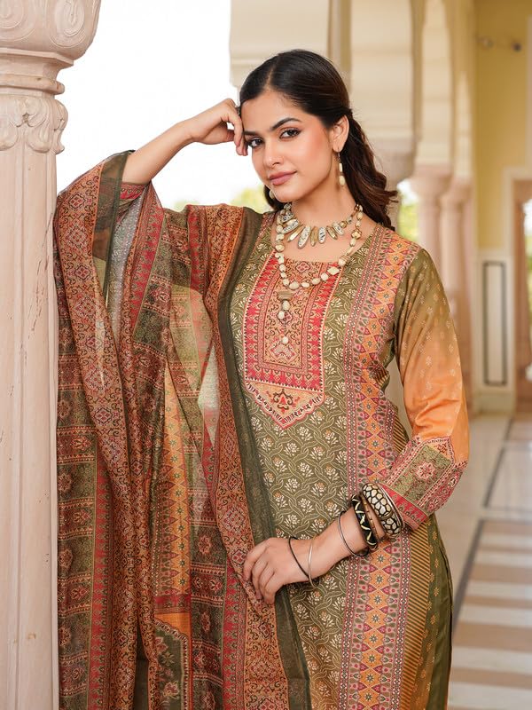 Vaamsi Women's Olive Rayon Printed Straight Kurta Pants With Dupatta Set | Festive Straight Kurta Set For Women | Printed Salwar Suit For Women (SKSKD3058, XL) - Image 2