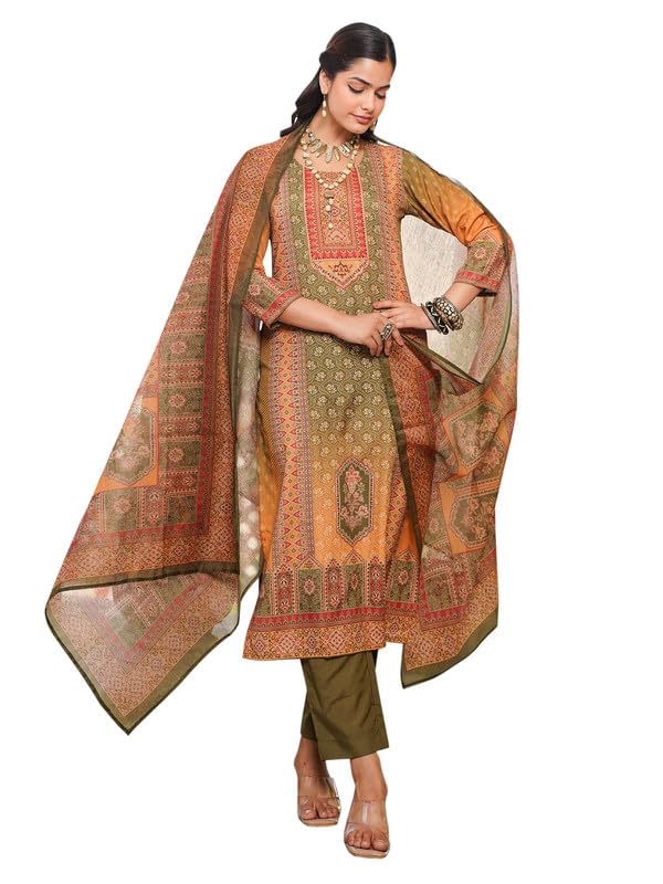 Vaamsi Women's Olive Rayon Printed Straight Kurta Pants With Dupatta Set | Festive Straight Kurta Set For Women | Printed Salwar Suit For Women (SKSKD3058, XL) - Image 1