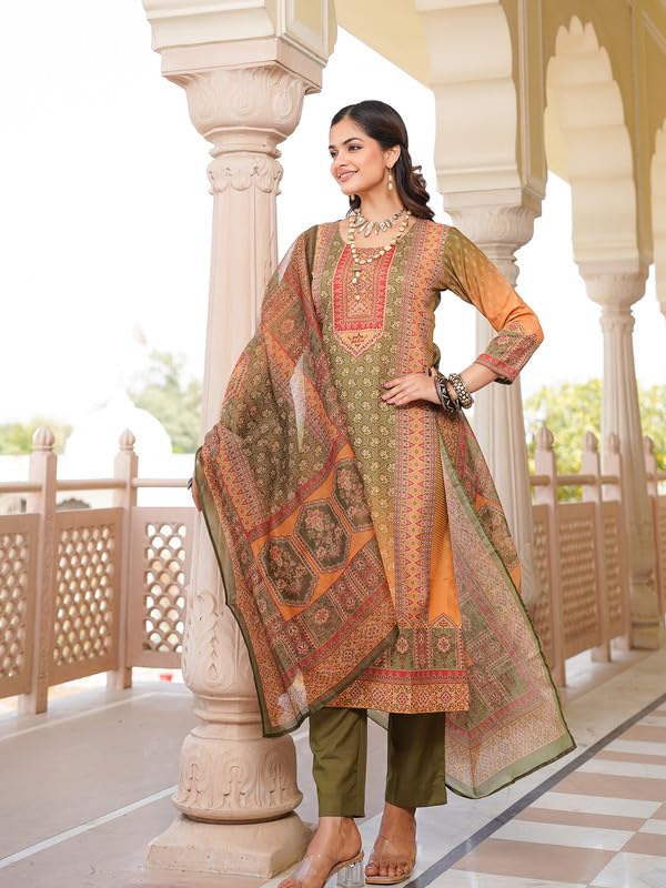 Vaamsi Women's Olive Rayon Printed Straight Kurta Pants With Dupatta Set | Festive Straight Kurta Set For Women | Printed Salwar Suit For Women (SKSKD3058, XL) - Image 3