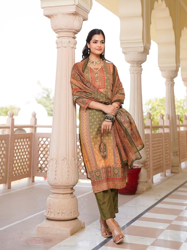 Vaamsi Women's Olive Rayon Printed Straight Kurta Pants With Dupatta Set | Festive Straight Kurta Set For Women | Printed Salwar Suit For Women (SKSKD3058, XL) - Image 5