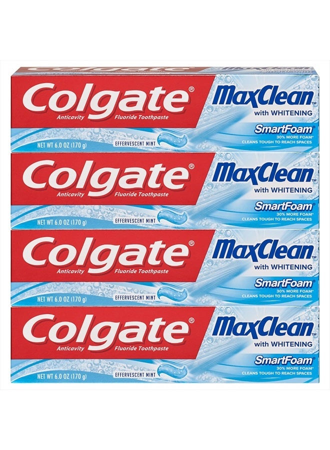 Colgate Max Clean Whitening Foaming Toothpaste with Fluoride, Effervescent Mint, 6 Ounce, 4 Pack - Image 1