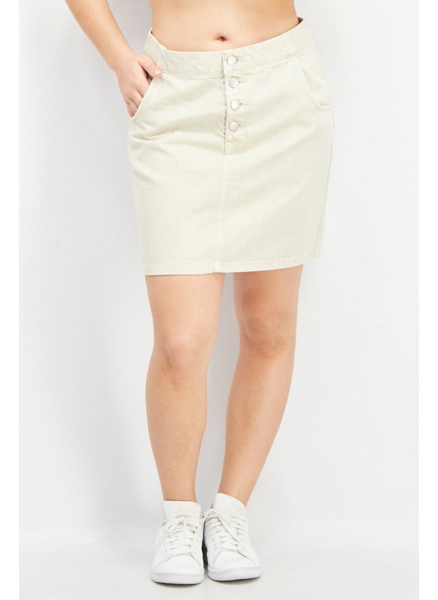 EDC Women Solid Denim Mini Skirt, Beige  - Image 1