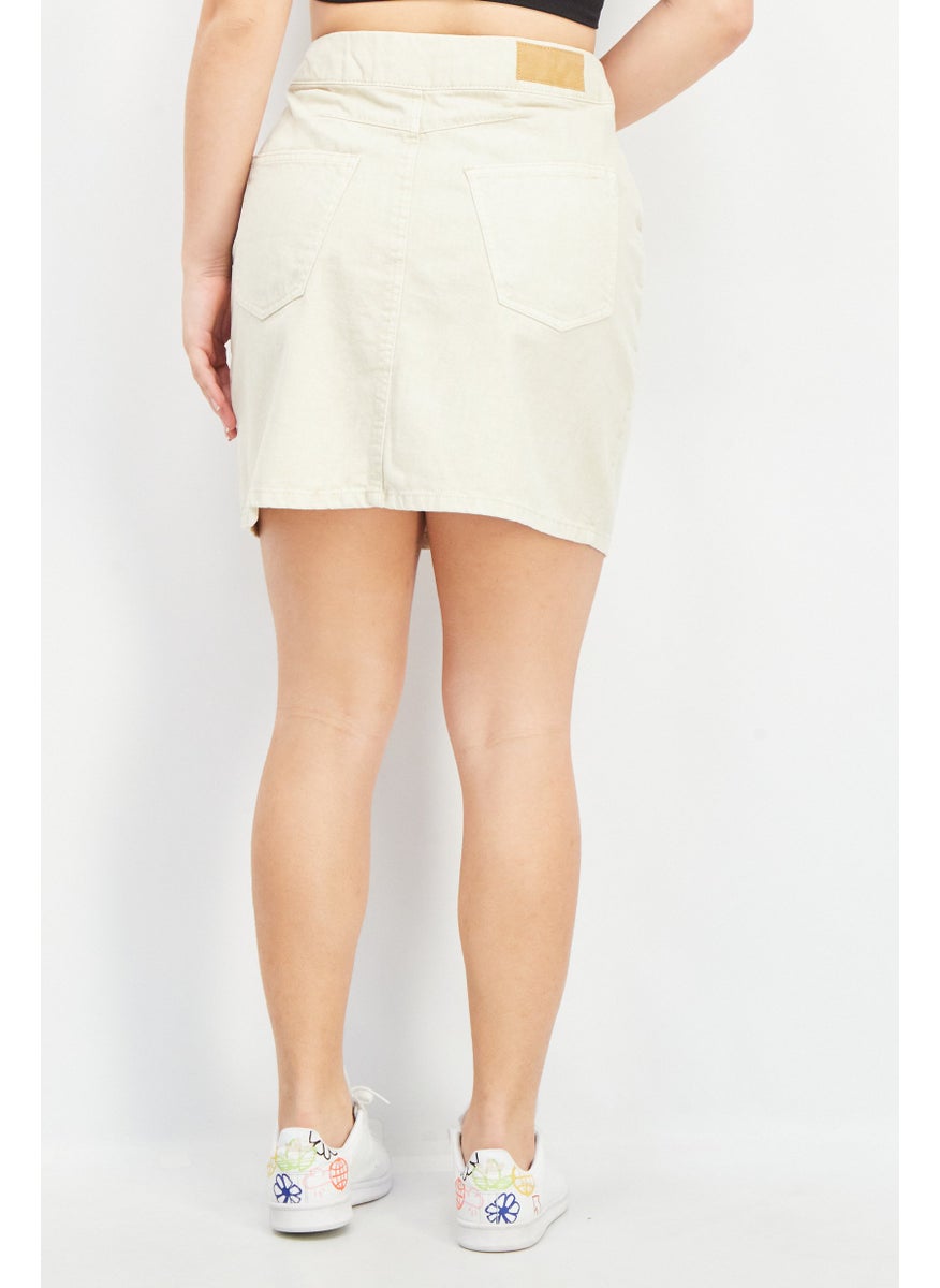 EDC Women Solid Denim Mini Skirt, Beige  - Image 4