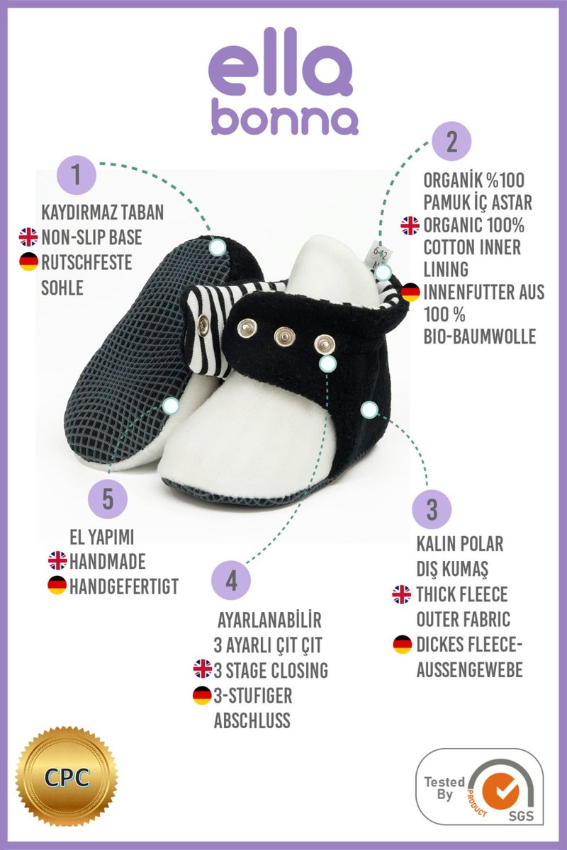 Ella Bonna Polar Baby Slippers, Non-Slip Sole, Organic Cotton Lined, First Step Home Slippers, Black and White Fan - Image 4