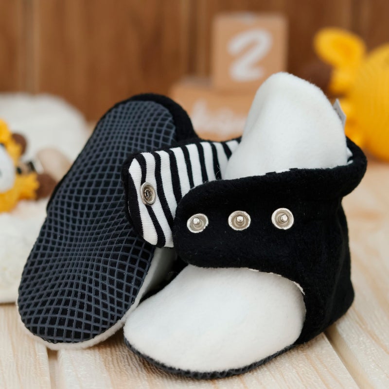 Ella Bonna Polar Baby Slippers, Non-Slip Sole, Organic Cotton Lined, First Step Home Slippers, Black and White Fan - Image 3