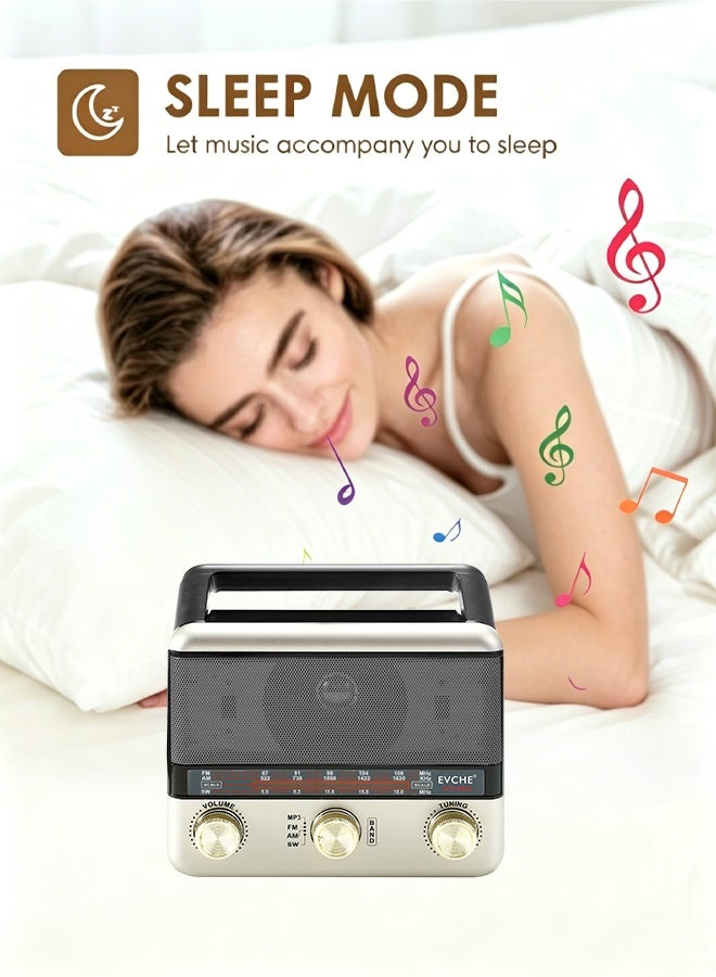 راديو محمول متعدد الموجات (FM/AM/SW) بتصميم قديم، يدعم البلوتوث، مشغل MP3 عبر USB وبطاقة TF، منفذ AUX، كشاف LED مدمج، بطارية قابلة لإعادة الشحن – جودة صوت عالية - Image 3