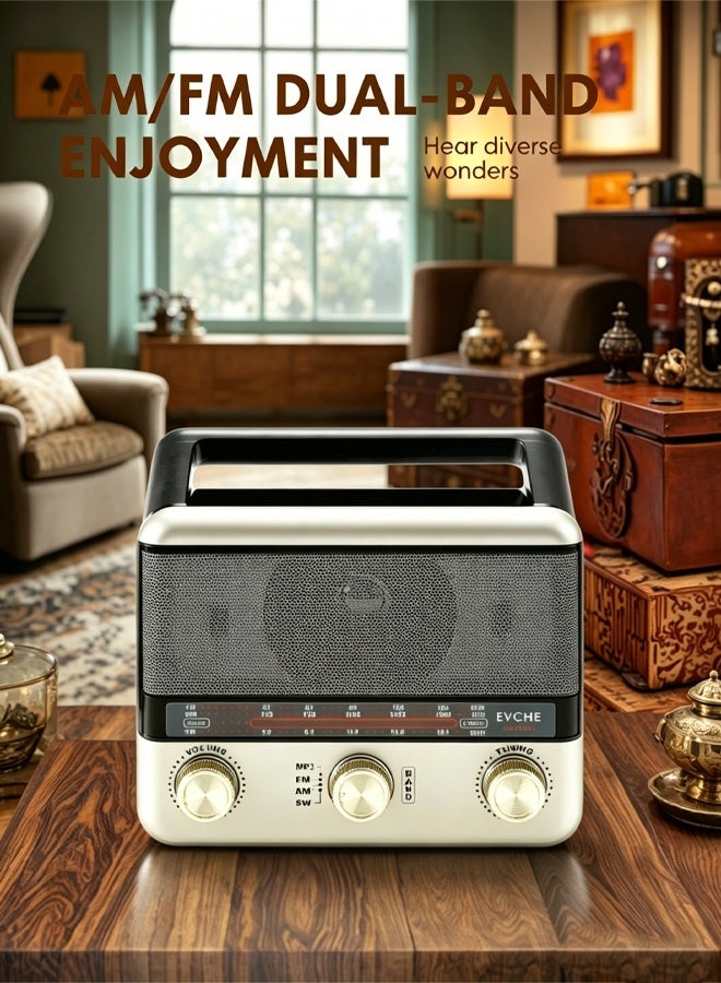 راديو محمول متعدد الموجات (FM/AM/SW) بتصميم قديم، يدعم البلوتوث، مشغل MP3 عبر USB وبطاقة TF، منفذ AUX، كشاف LED مدمج، بطارية قابلة لإعادة الشحن – جودة صوت عالية - Image 1