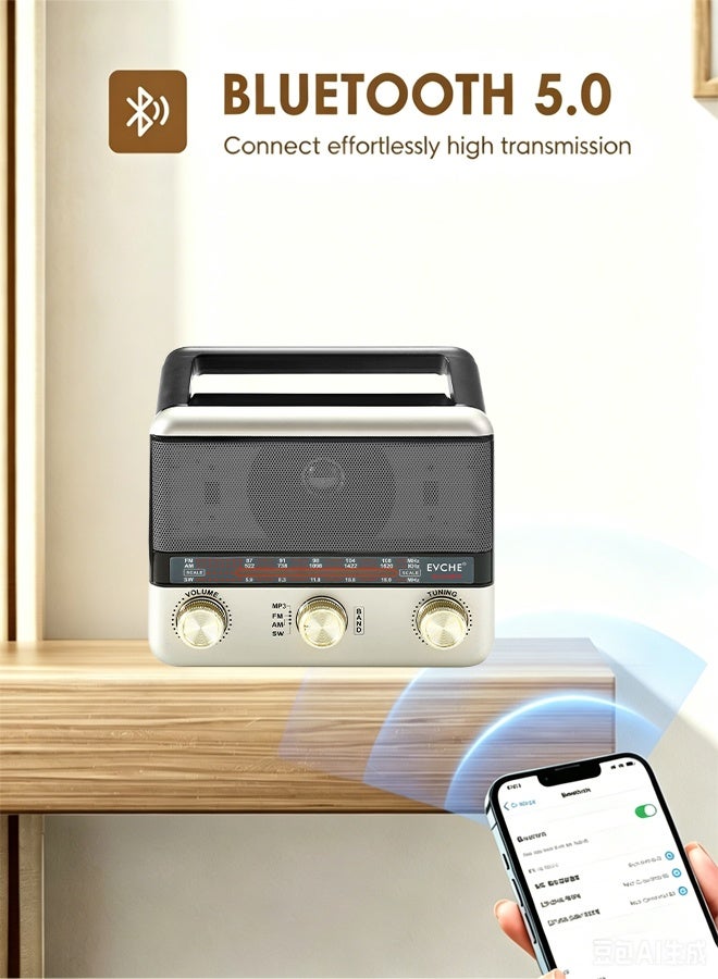 راديو محمول متعدد الموجات (FM/AM/SW) بتصميم قديم، يدعم البلوتوث، مشغل MP3 عبر USB وبطاقة TF، منفذ AUX، كشاف LED مدمج، بطارية قابلة لإعادة الشحن – جودة صوت عالية - Image 4