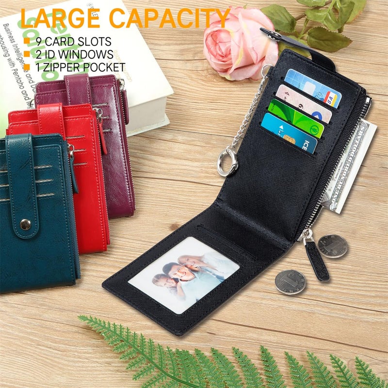 Huztencor Credit Card Holder for Women RFID Small Wallet Women Slim - Multi Zipper Card Case with Keychain Cross Black - Image 2