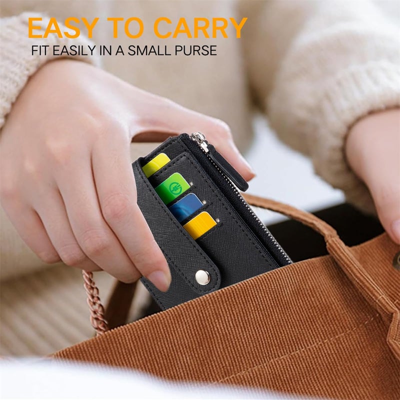 Huztencor Credit Card Holder for Women RFID Small Wallet Women Slim - Multi Zipper Card Case with Keychain Cross Black - Image 5