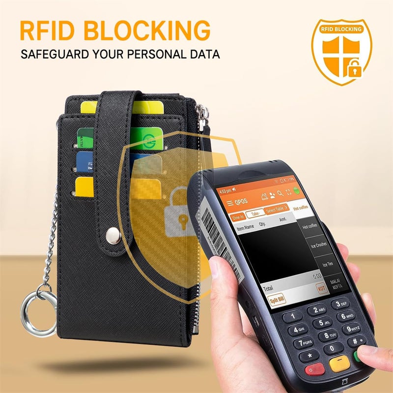 Huztencor Credit Card Holder for Women RFID Small Wallet Women Slim - Multi Zipper Card Case with Keychain Cross Black - Image 3