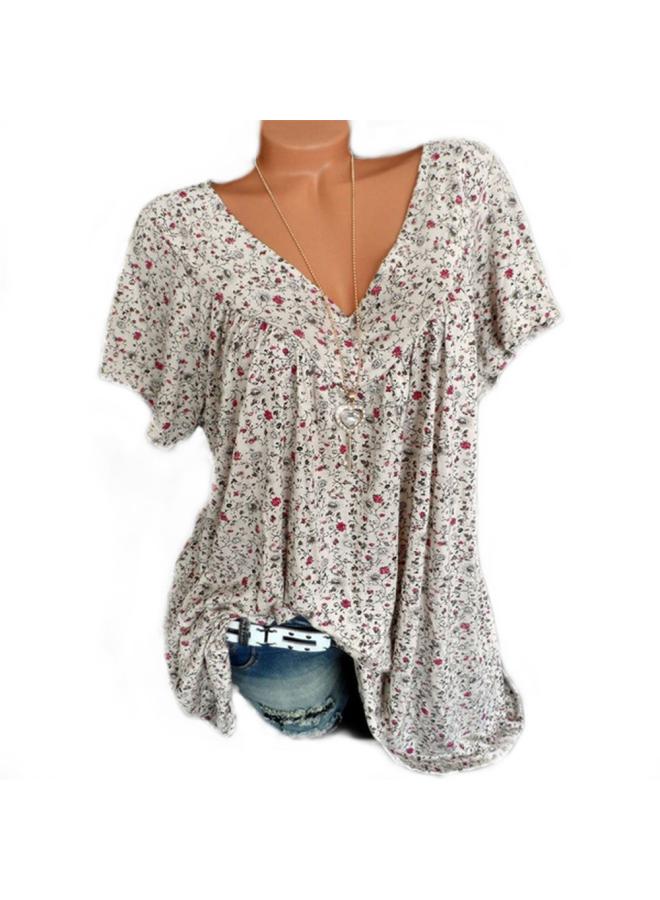 New European And American Women's Summer V Collar Loose Short-sleeved Printed T-shirt