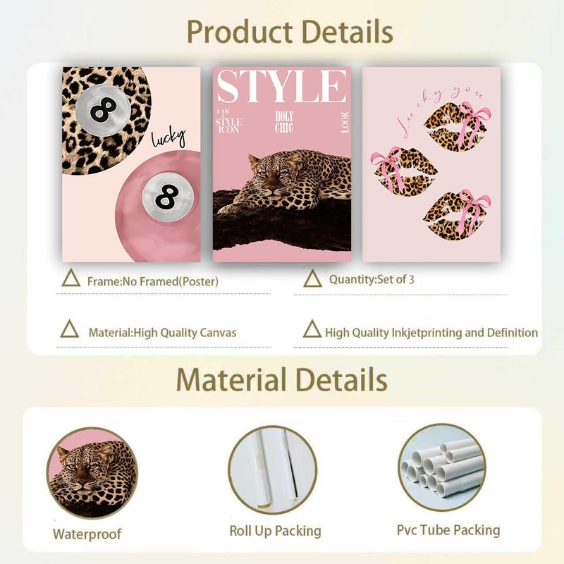 Shrandi 3 PCS Pink Leopard Canvas Wall Art Trendy Cheetah 8 Ball Bow Poster Prints Y2k Coquette Preppy Lucky Aesthetic Fashion Pictures Art for Girls Bedroom Dorm Living Room Apartment Decor 12*16In Unframed - Image 3