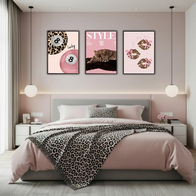 Shrandi 3 PCS Pink Leopard Canvas Wall Art Trendy Cheetah 8 Ball Bow Poster Prints Y2k Coquette Preppy Lucky Aesthetic Fashion Pictures Art for Girls Bedroom Dorm Living Room Apartment Decor 12*16In Unframed - Image 5