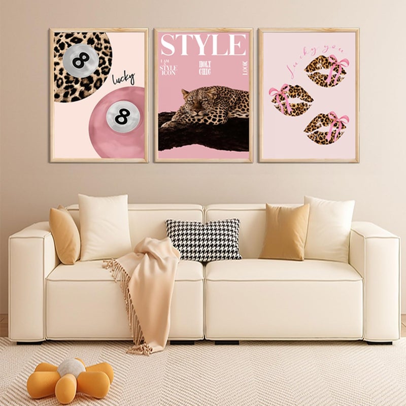 Shrandi 3 PCS Pink Leopard Canvas Wall Art Trendy Cheetah 8 Ball Bow Poster Prints Y2k Coquette Preppy Lucky Aesthetic Fashion Pictures Art for Girls Bedroom Dorm Living Room Apartment Decor 12*16In Unframed - Image 2
