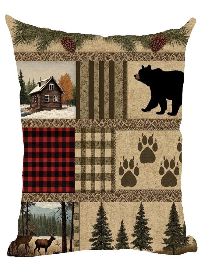 Ramirar Retro Brown Deer Bear Paw Prints House Cabin Forest Pine Nut Trees Field Fall Autumn Decorative Throw Pillow Cover Case Home Living Room Bed Sofa Car Cotton Linen Square 18 x 18 Inches - Image 1