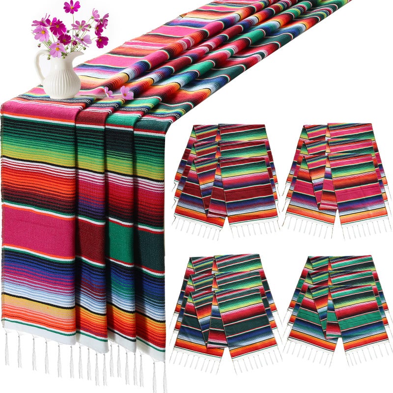 12 Pcs Mexican Serape Table Runners Mexican Theme Party Table Decorations Colorful Striped Serape Table Blanket Runner Tablecloth for Cinco de Mayo Mexican Fiesta Party 14 x 84 Inch Multi Colors