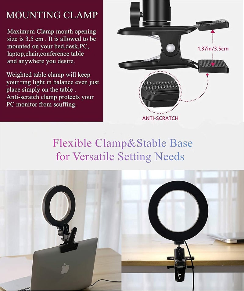 AMBLIC Video Conference 6.2'' LED Ring Light Clip Clamp for Computer, Laptop Video Conference, Online Classes Circle Lights for Video Recording, Zoom Meeting Calls, Live Stream, Makeup - Image 4