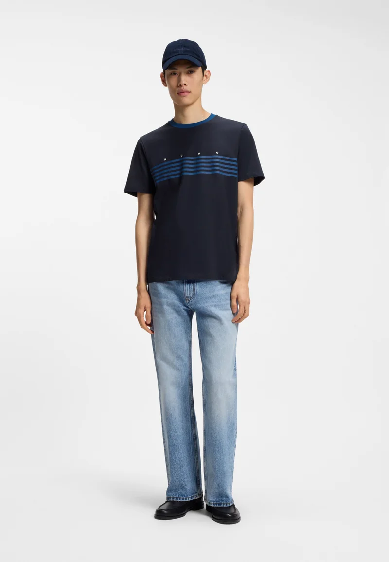 HUGO Dark Blue Cotton T-shirt with printed stripes for Men | Best Price UAE