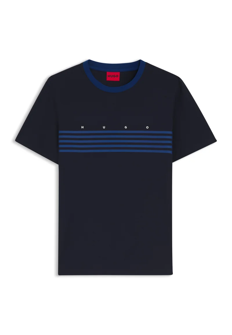 HUGO Dark Blue Cotton T-shirt with printed stripes for Men | Best Price UAE