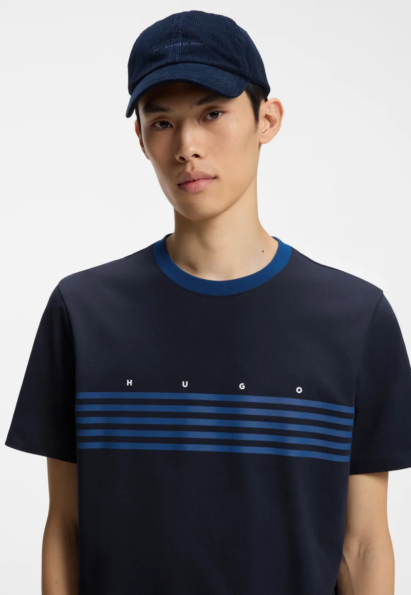 HUGO Dark Blue Cotton T-shirt with printed stripes for Men | Best Price UAE