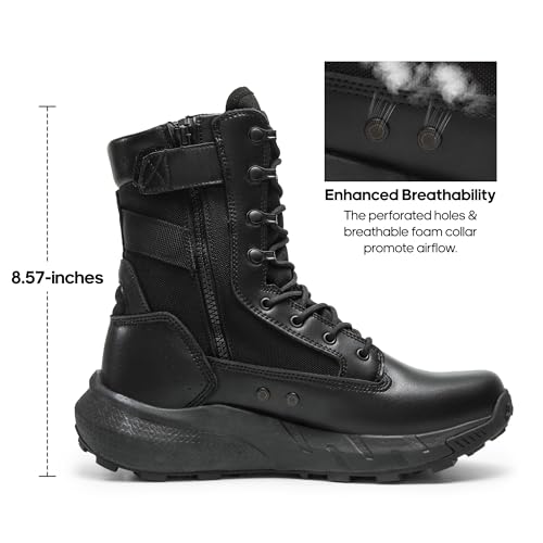 NORTIV 8 Men's Breathable Tactical Military Work Boots Side Zipper Leather Lightweight Hiking Motorcycle Combat Boots 8 Inches Peakforce,Size 11,Black,SNMT242M - Image 3