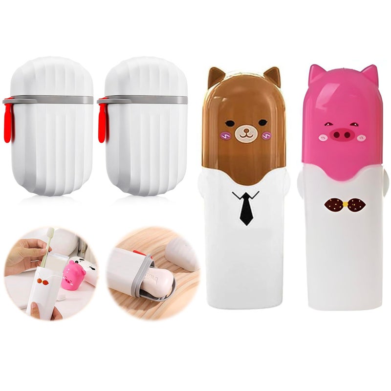 Aseenaa Combo Cute Cartoon Shape Plastic Portable Toothbrush Case Holder with Soap Case Holder for Bathroom Storage, Camping, Travel, Indoor & Outdoor | Set of 4, Multicolor