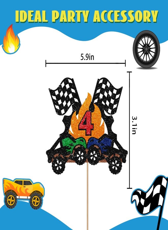 SUPERLUBY Monster Truck 4th Birthday Cake Topper, Big Truck Fast Four Cake Topper for Boys, Racing Car Four Years Old Birthday Cake Decor, Racing Theme 4th Anniversary Party Decoration - Black Glitter - Image 2
