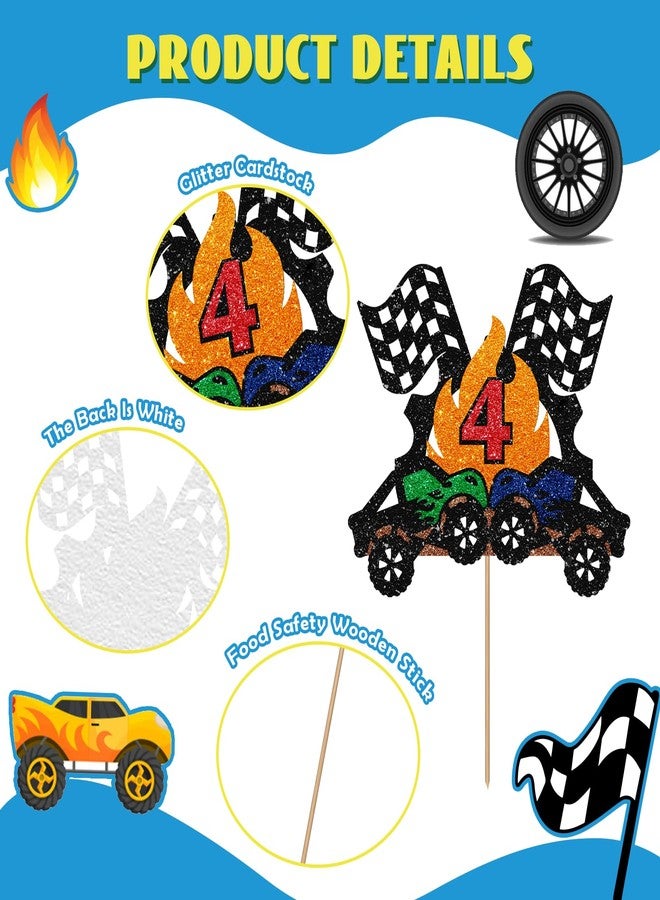 SUPERLUBY Monster Truck 4th Birthday Cake Topper, Big Truck Fast Four Cake Topper for Boys, Racing Car Four Years Old Birthday Cake Decor, Racing Theme 4th Anniversary Party Decoration - Black Glitter - Image 3