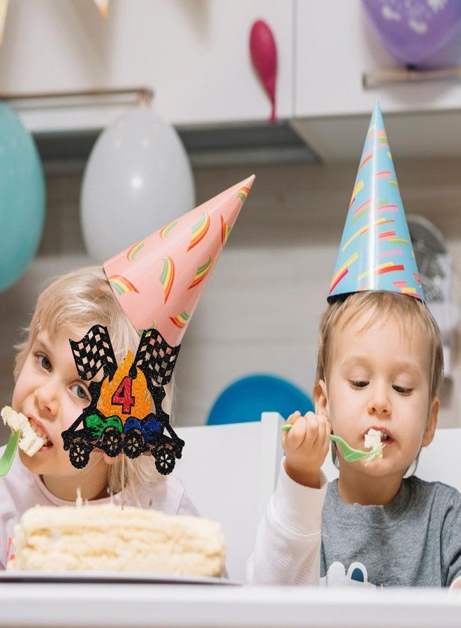 SUPERLUBY Monster Truck 4th Birthday Cake Topper, Big Truck Fast Four Cake Topper for Boys, Racing Car Four Years Old Birthday Cake Decor, Racing Theme 4th Anniversary Party Decoration - Black Glitter - Image 5