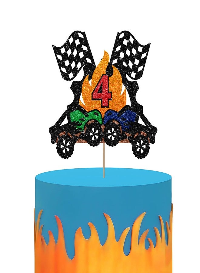 SUPERLUBY Monster Truck 4th Birthday Cake Topper, Big Truck Fast Four Cake Topper for Boys, Racing Car Four Years Old Birthday Cake Decor, Racing Theme 4th Anniversary Party Decoration - Black Glitter - Image 1